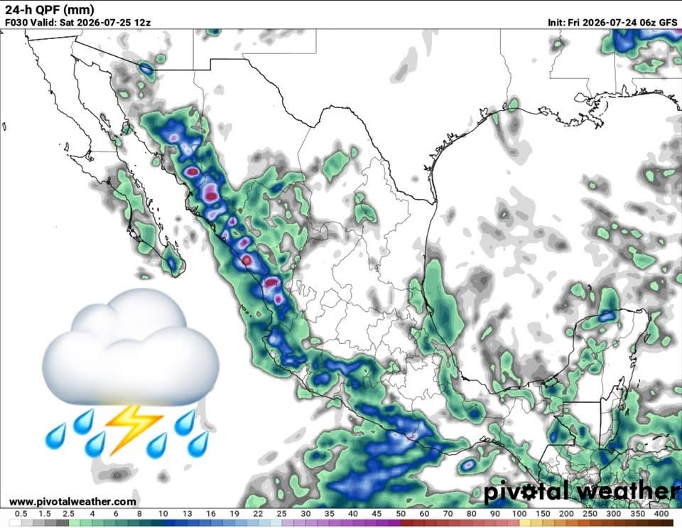 InfoMeteoro's tweet photo. ✅PRONÓSTICO VIERNES 24/JUL/2026 

“Monzón activo con remanentes de Bertha y humedad del Pacífico generando lluvias; calor de verano seguirá…” 

⛈️LLUVIAS Y TORMENTAS C/GRANIZO

🔴EVENTOS MÁS INTENSOS🔴
-Sin, Nay

🟡EVENTOS AISLADOS FUERTES
-Son, Chih, BCS, Coah, NL, Dgo, Zac, Jal, Col, Mich, Gro, EdoMex, CDMX, Mor, Gro, Oax, Ver, Tab, Chis, Tab, QRoo, Yuc, Camp y región Huasteca

🌡️AMBIENTE DIURNO☀️
♨️🔥 >45ºC norte de BC-Son
🔥41-45ºC BC, BCS, Son, Sin, NL, Tamps, Nay, Mich, Tab, Camp, Yuc
🥵36-40ºC noroeste, norte, noreste, sureste
🥵26-35ºC Pacífico sur, oriente, Bajío, Occidente, Centro

⚠️🌬️RÁFAGAS DE VIENTO km/h
35-60 estados del norte, centro, sureste, siendo mayores en zonas de tormenta