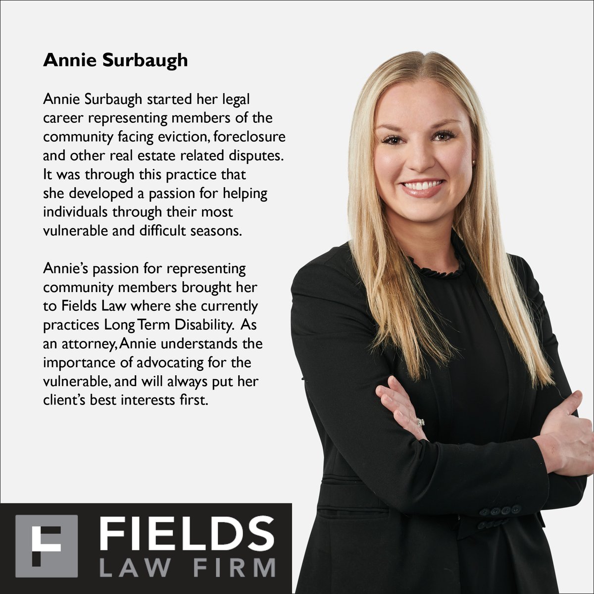 Fieldslawfirm's tweet photo. Annie Surbaugh understands the importance of advocating for the vulnerable and will always put her client's best interests first. 
#FieldsTeam #GetToKnow #Attorney #LegalTeam #MeetTheTeam https://t.co/kh94VeErTQ