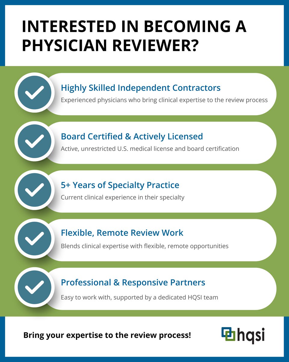 HQSICorp's tweet photo. HQSI's physician reviewers are chosen for their clinical expertise, active practice experience, and commitment to objective, evidence-based reviews. Every decision supports fair, timely, and independent review. #HQSI #Healthcare #MedicalReview #PhysicianReview #QualityCare https://t.co/bwmDrLc2ZB