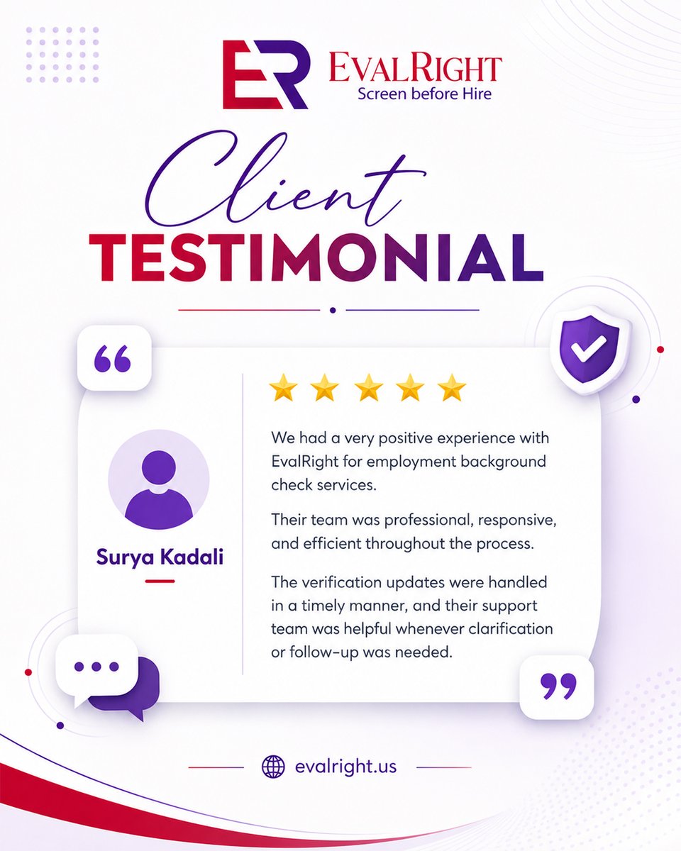 EvalRight's tweet photo. Your trust motivates us to continue helping businesses hire with confidence, across India, the USA, Europe &amp; 125+ countries.

Thank you for being part of our journey.

#TestimonialTuesday #ClientReview #BackgroundCheck #CandidateVerification #HiringProcess #HRCommunity #EvalRight https://t.co/gMO6y6v0kI