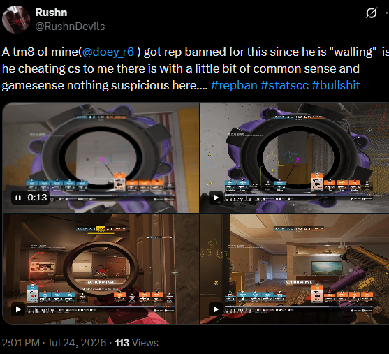 denjww's tweet photo. a player by the name doy.H7 was caught cheating and walling through walls @fettR6S  @packrnnrs @SpoitR6 @ELC_EsportsR6 @MrBaee @VarsityGamingTV  disgusting from the team lost my respect @Liquify_____ https://t.co/x1tNPgtilE