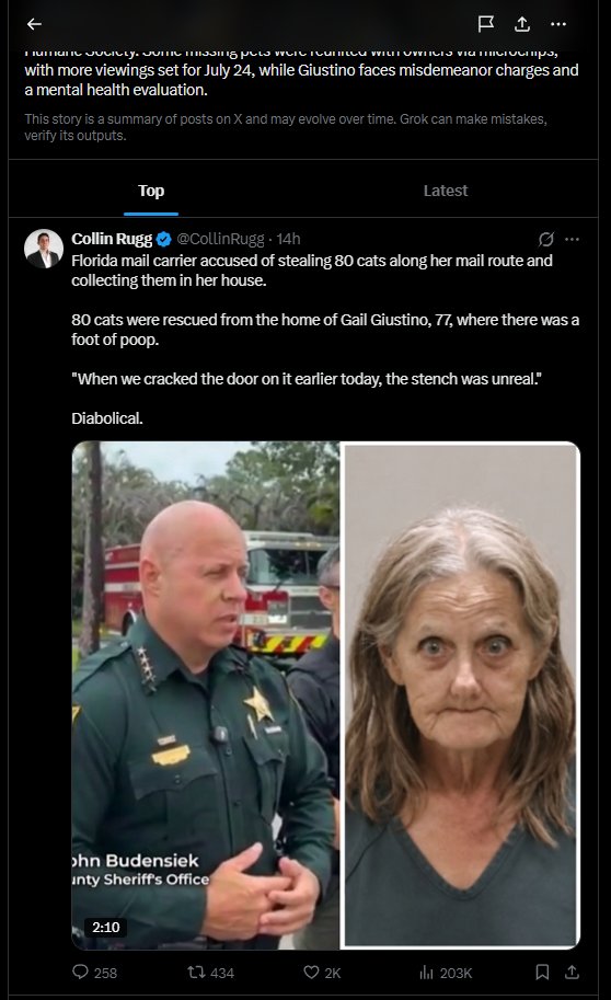 thedevvor's tweet photo. FRONT RUNNING A HUGE NARRATIVE HERE!

THIS LADY NAMED "GAIL" IS LITERALLY BEING CLASSED AS THE "CAT LADY FINAL BOSS" 🤣🤣🤣

This is absolute insanity...She was stealing cats 1 by 1 whilst doing her mail runs each day 🤣🤣

Gail was found to be living under the dirtiest conditions with over 100 stolen cats

https://t.co/D2FHOWJYir