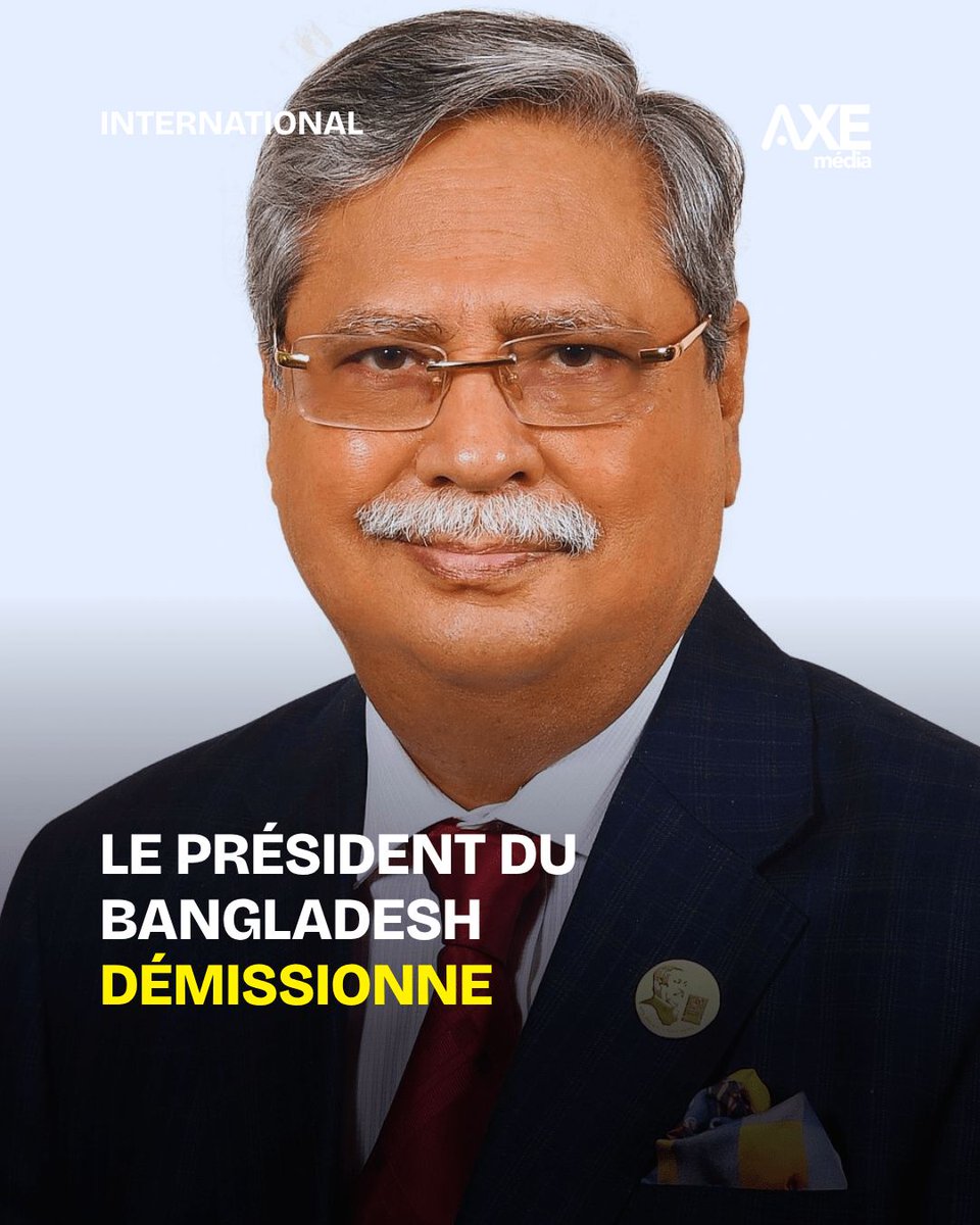 alainmwamba's tweet photo. Le président du Bangladesh, Mohammed Shahabuddin, 76 ans, démissionne à mi-mandat. Il affirme souffrir d’une neuropathie autonome provoquant des pertes de connaissance momentanées. Le président du Parlement assurera l’intérim.
#AXEmedia https://t.co/rbElM62Jkz