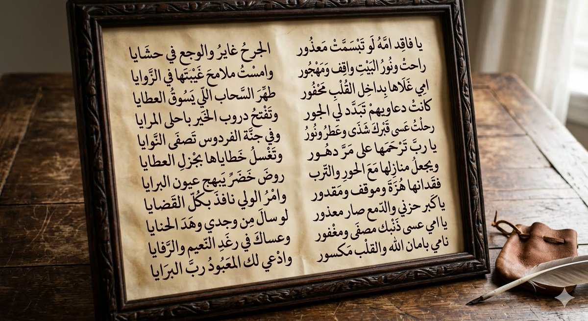 amsmq71's tweet photo. ذاكرة الغراب!

يا فاقد امه لو تبسمت معذور
الجرح غاير والوجع في حشايا

راحت ونور البيت واقف ومهجور
وامست ملامح غيبتها في الزوايا

امي غلاها بداخل القلب محفور
طهر السحاب اللي يسوق العطايا

كانت دعاويهم تبدد لي الجور
وتفتح دروب الخير باحلى المرايا

رحلت عسى قبرك شذى وعطر ونور
وفي جنة الفردوس تصفى النوايا

يا رب ترحمها على مر دهور
وتغسل خطاياها بجزل العطايا

ويجعل منازلها مع الحور والترب
روض خضر يبهج عيون البرايا

فقدانها هزة وموقف ومقدور
وامر الولي نافذ بكل القضايا

يا كبر حزني والدمع صار معذور
لو سال من وجدي وهد الحنايا

يا امي عسى ذنبك مصفى ومغفور
وعساك في رغد النعيم والرفايا

نامي بامان الله والقلب مكسور
وادعي لك المعبود رب البرايا.