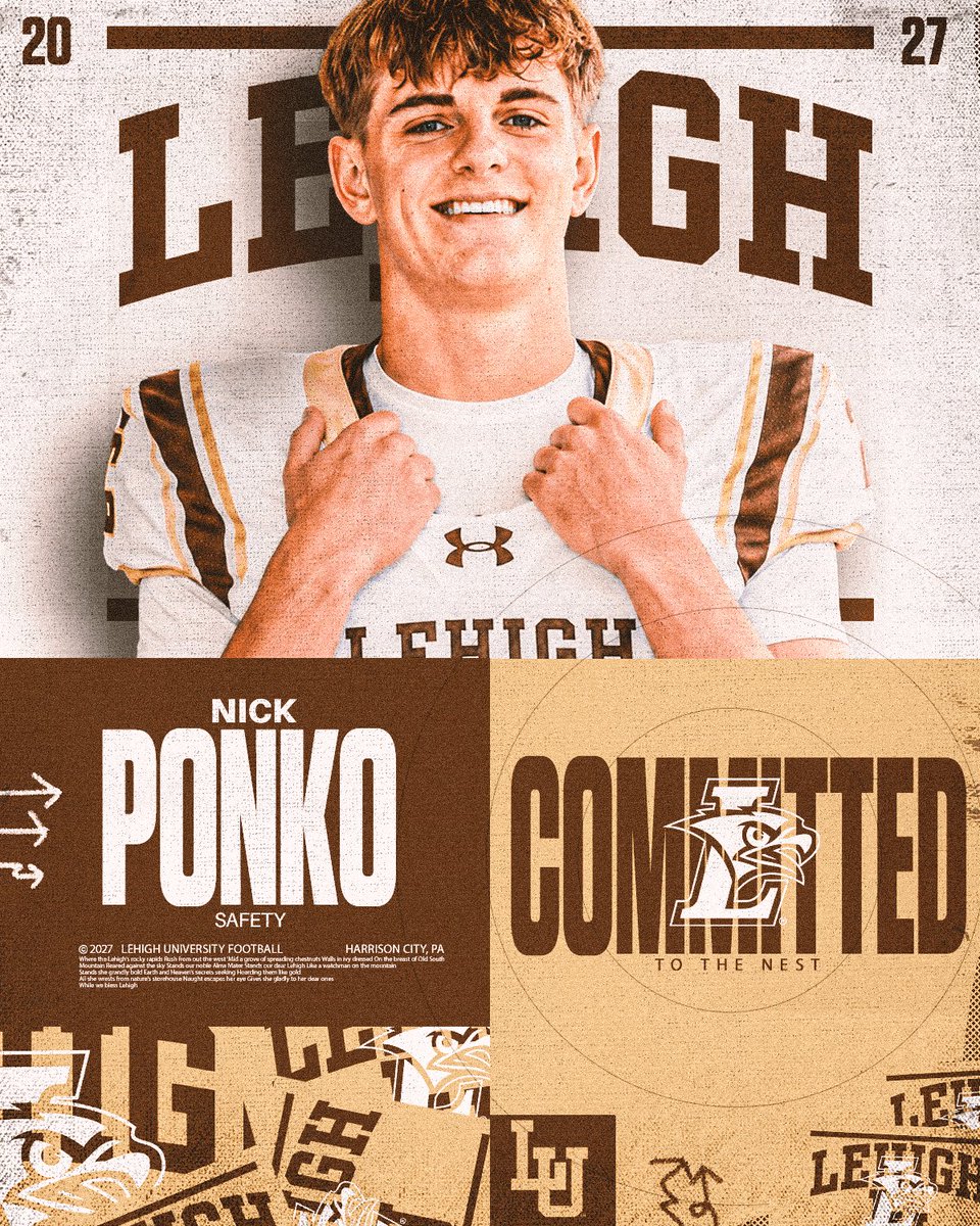 NickPonko's tweet photo. Committed!!⛰️🦅
Thank you to my family, friends, and all of my coaches for supporting me throughout this process!
@ptwarriorfb @LehighFootball @CoachRichNagy @Coach_MikeKash @Coach_Tee02  @nssaspeed @BillBeckner @FSQ_Sports https://t.co/Q6TqAZ62NY