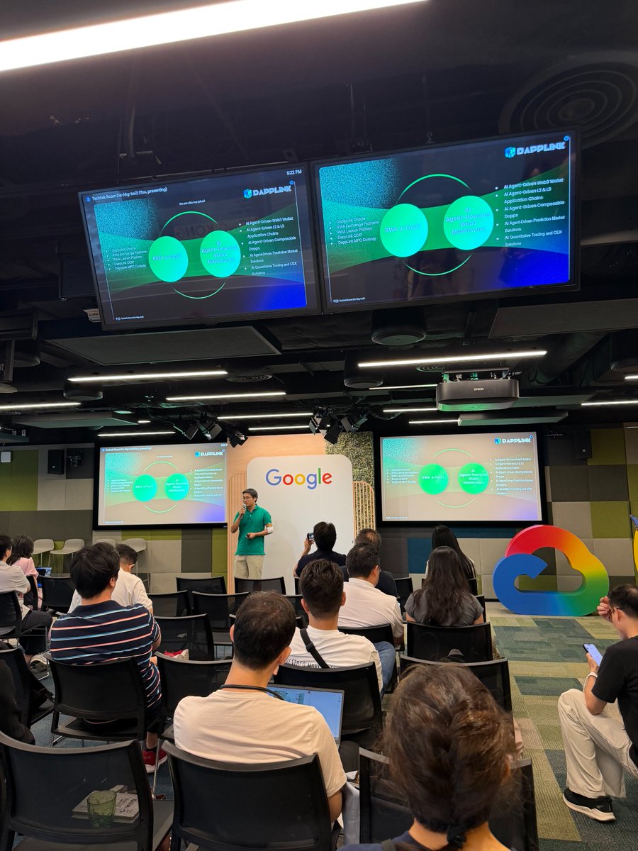 0xdapplink's tweet photo. It was a pleasure to share DappLink’s vision and real-world progress in AI Agent × Web3 infrastructure with developers, founders, and industry partners at Google’s Hong Kong office.

As AI Agents begin to participate in asset management, transaction decision-making, and on-chain collaboration, Web3 needs more than smarter user interfaces. It requires secure, reliable, and composable infrastructure.

DappLink is building AI Agent-powered Web3 middleware solutions across several key areas:

• AI Agent-powered Web3 wallets
• AI Agent-driven L2, L3, and application chains
• Composable infrastructure for Web3 applications
• RWA and PayFi infrastructure
• Oracle and on-chain data services
• Enterprise-grade key security powered by MPC, TEE, and CloudHSM
• AI-powered intelligent risk management engines
• AI quantitative trading and exchange infrastructure
Our goal is to connect wallets, blockchains, data, risk management, security, and business applications—reducing the complexity of bringing Web3 products from concept to production.
AI Agents should go beyond conversations and concepts.
Only when Agents can securely connect identities, assets, data, and on-chain protocols can they become a true gateway to the next generation of Web3 applications.
Thank you to the organizers for creating this opportunity, and to everyone who joined the discussion.
DappLink will remain focused on AI Agent × Web3 Middleware, helping more AI and blockchain applications move from ideas to real-world use cases.

Building the infrastructure for an AI-powered Web3.