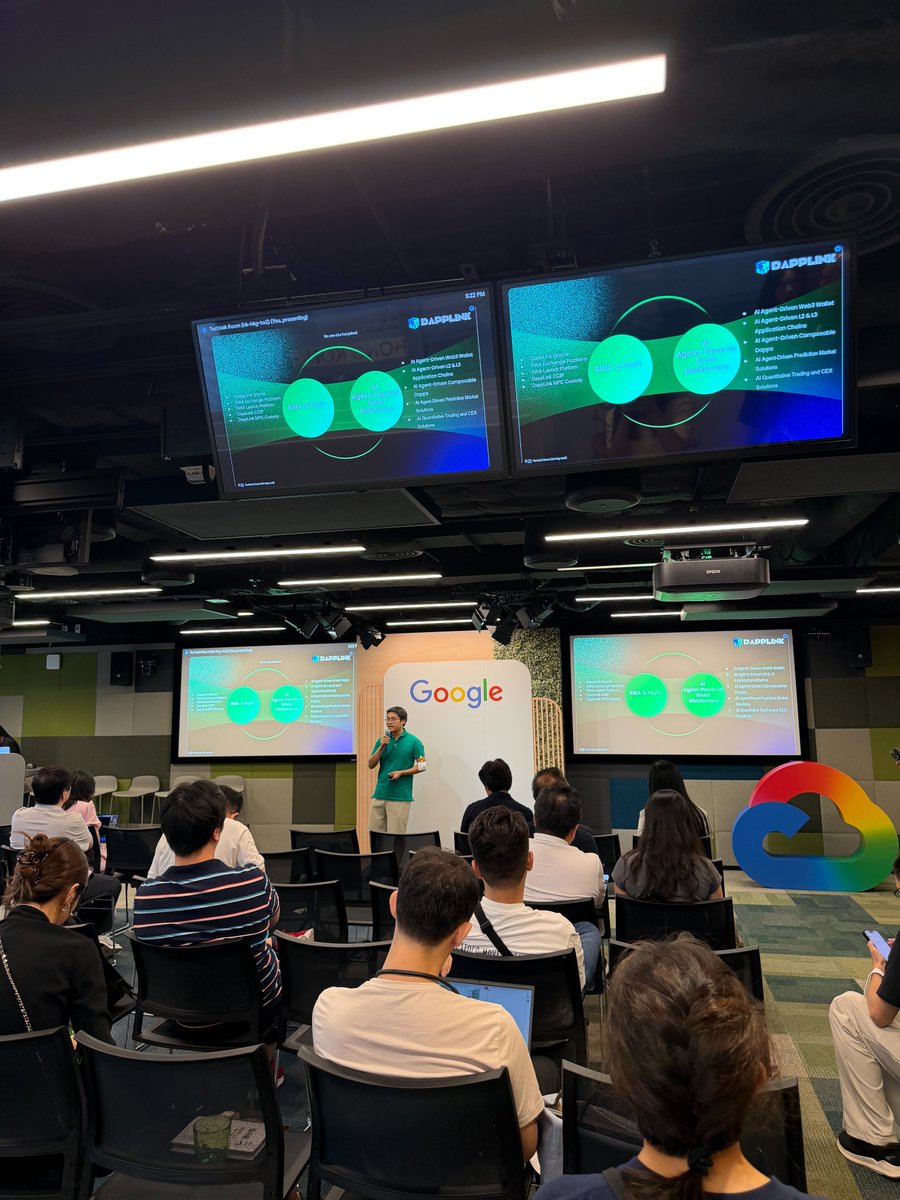 0xdapplink's tweet photo. It was a pleasure to share DappLink’s vision and real-world progress in AI Agent × Web3 infrastructure with developers, founders, and industry partners at Google’s Hong Kong office.

As AI Agents begin to participate in asset management, transaction decision-making, and on-chain collaboration, Web3 needs more than smarter user interfaces. It requires secure, reliable, and composable infrastructure.

DappLink is building AI Agent-powered Web3 middleware solutions across several key areas:

• AI Agent-powered Web3 wallets
• AI Agent-driven L2, L3, and application chains
• Composable infrastructure for Web3 applications
• RWA and PayFi infrastructure
• Oracle and on-chain data services
• Enterprise-grade key security powered by MPC, TEE, and CloudHSM
• AI-powered intelligent risk management engines
• AI quantitative trading and exchange infrastructure
Our goal is to connect wallets, blockchains, data, risk management, security, and business applications—reducing the complexity of bringing Web3 products from concept to production.
AI Agents should go beyond conversations and concepts.
Only when Agents can securely connect identities, assets, data, and on-chain protocols can they become a true gateway to the next generation of Web3 applications.
Thank you to the organizers for creating this opportunity, and to everyone who joined the discussion.
DappLink will remain focused on AI Agent × Web3 Middleware, helping more AI and blockchain applications move from ideas to real-world use cases.

Building the infrastructure for an AI-powered Web3.