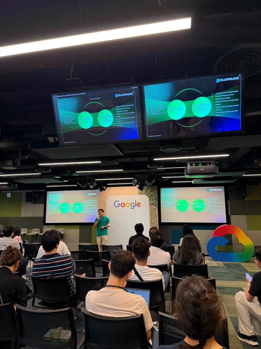 0xdapplink's tweet photo. It was a pleasure to share DappLink’s vision and real-world progress in AI Agent × Web3 infrastructure with developers, founders, and industry partners at Google’s Hong Kong office.

As AI Agents begin to participate in asset management, transaction decision-making, and on-chain collaboration, Web3 needs more than smarter user interfaces. It requires secure, reliable, and composable infrastructure.

DappLink is building AI Agent-powered Web3 middleware solutions across several key areas:

• AI Agent-powered Web3 wallets
• AI Agent-driven L2, L3, and application chains
• Composable infrastructure for Web3 applications
• RWA and PayFi infrastructure
• Oracle and on-chain data services
• Enterprise-grade key security powered by MPC, TEE, and CloudHSM
• AI-powered intelligent risk management engines
• AI quantitative trading and exchange infrastructure
Our goal is to connect wallets, blockchains, data, risk management, security, and business applications—reducing the complexity of bringing Web3 products from concept to production.
AI Agents should go beyond conversations and concepts.
Only when Agents can securely connect identities, assets, data, and on-chain protocols can they become a true gateway to the next generation of Web3 applications.
Thank you to the organizers for creating this opportunity, and to everyone who joined the discussion.
DappLink will remain focused on AI Agent × Web3 Middleware, helping more AI and blockchain applications move from ideas to real-world use cases.

Building the infrastructure for an AI-powered Web3.