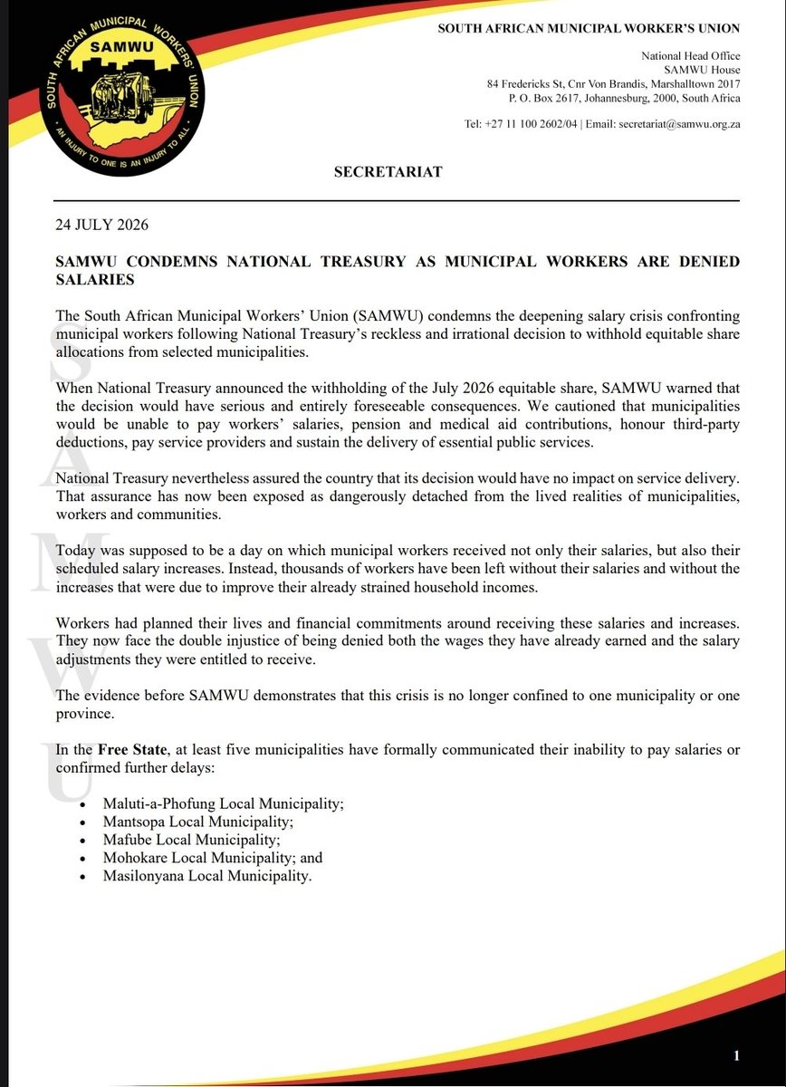 SAMWUnion's tweet photo. SAMWU condemns National Treasury’s reckless withholding of equitable share allocations, which has left municipal workers unpaid and denied the salary increases due today. Treasury officials have been paid while workers’ families face hunger. Release the funds and pay workers now! https://t.co/0QJgNnfAUa