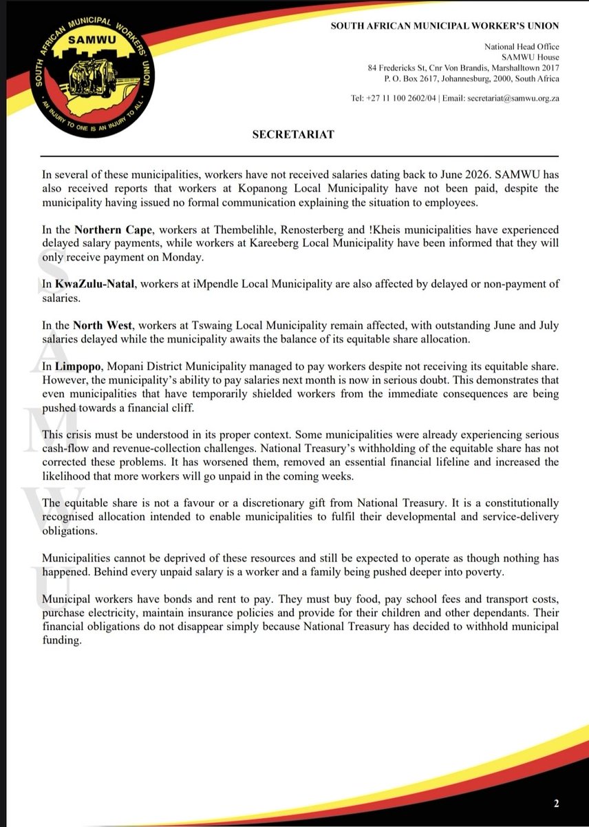 SAMWUnion's tweet photo. SAMWU condemns National Treasury’s reckless withholding of equitable share allocations, which has left municipal workers unpaid and denied the salary increases due today. Treasury officials have been paid while workers’ families face hunger. Release the funds and pay workers now! https://t.co/0QJgNnfAUa