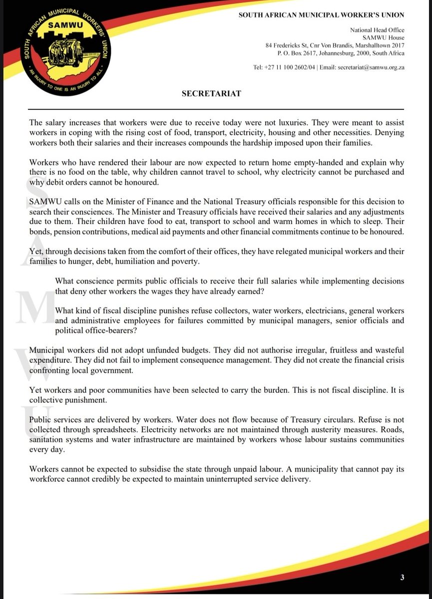 SAMWUnion's tweet photo. SAMWU condemns National Treasury’s reckless withholding of equitable share allocations, which has left municipal workers unpaid and denied the salary increases due today. Treasury officials have been paid while workers’ families face hunger. Release the funds and pay workers now! https://t.co/0QJgNnfAUa
