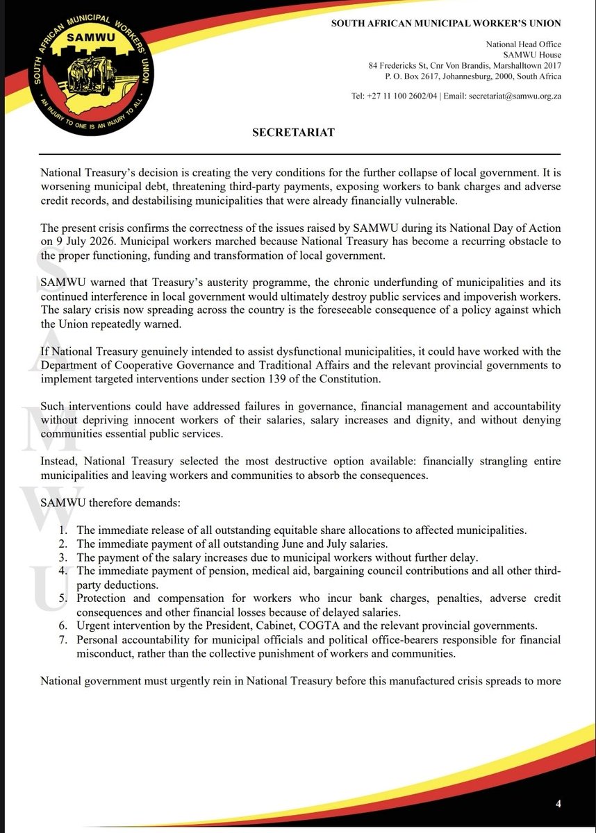 SAMWUnion's tweet photo. SAMWU condemns National Treasury’s reckless withholding of equitable share allocations, which has left municipal workers unpaid and denied the salary increases due today. Treasury officials have been paid while workers’ families face hunger. Release the funds and pay workers now! https://t.co/0QJgNnfAUa