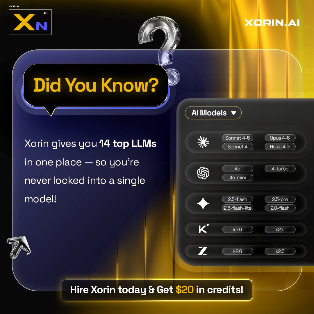 Lysto_GG's tweet photo. No single AI model does it all. So Xorin doesn't make you pick one. Here's what you get.

14 LLMs from every major player, one click away. Frontier model for hard architecture, a fast cheap one for routine work.

Only pay frontier prices for frontier problems.

Install now, get $20 in credit. Link below ⚡

https://t.co/fTBMIQlxIe 

#XorinByLysto #AIGaming #Lysto #MadeWithUnity #GameDev