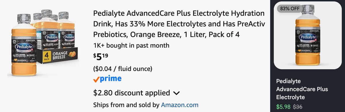 Pricerrors's tweet photo. PEDIALYTE 4-PACK FOR THE PRICE OF 1?

Amazon has this 4-pack of Pedialyte Hydration Drink for the price of a single bottle

https://t.co/dDjbHWkOHa #ad

Clip the 30% coupon and use sub/save for the lowest price

Comes out to around $1.30 per bottle https://t.co/2aEe4UeZ0l