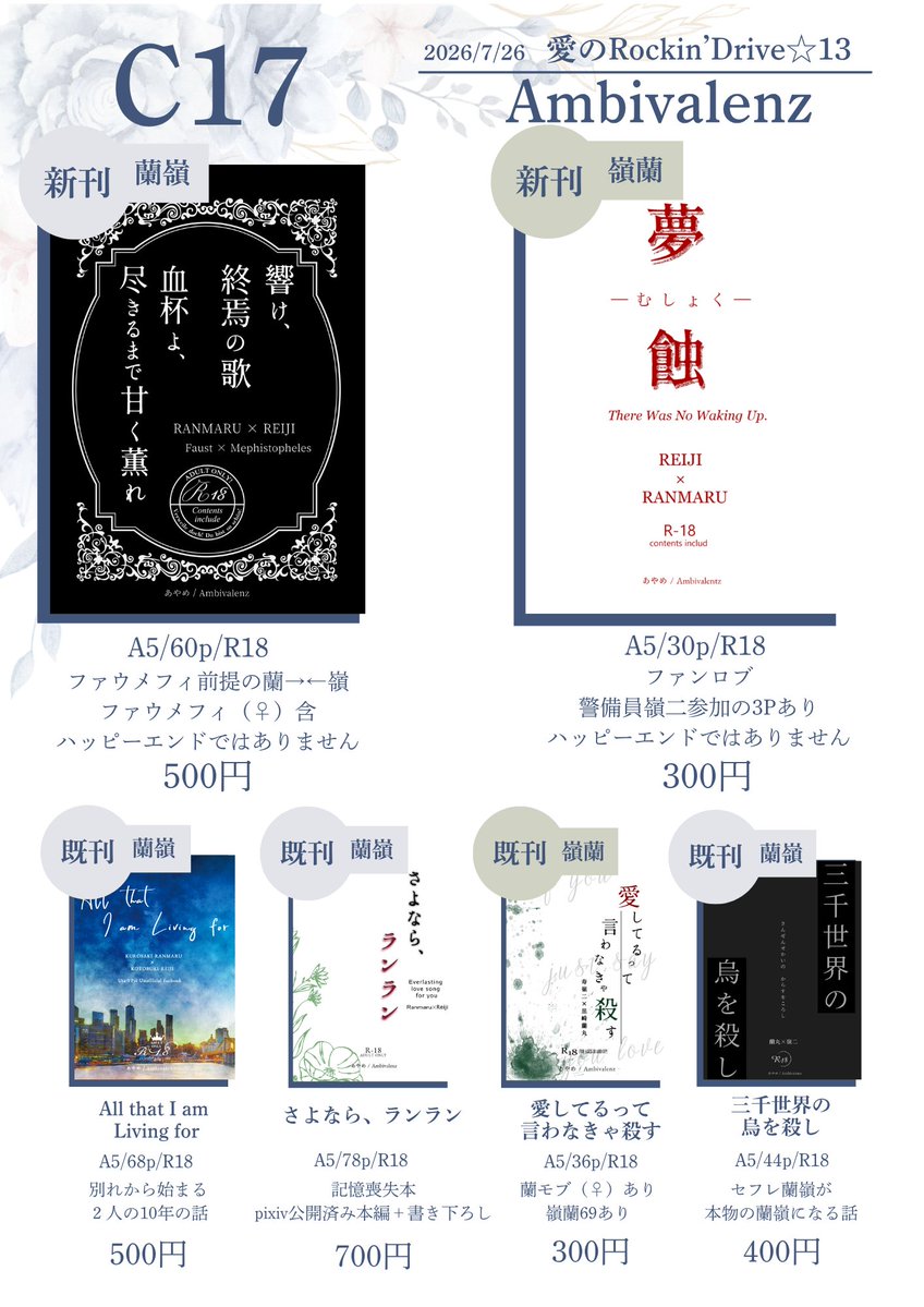 ayame_0421's tweet photo. 【7/26ロキドラお品書き】
蘭嶺と嶺蘭があります！
新刊はどちらもハッピーエンドじゃないです。
無配は書けたら机上にあると思います。
また、大変申し訳ないのですが到着時刻が開場ギリギリの見込みなので、ゆ～っくり来ていただけますと嬉しいです🙇‍♀️

よろしくお願いします！🍀 https://t.co/mDiiSrQOyt
