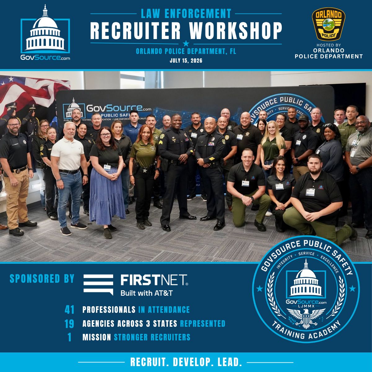 GovSource's tweet photo. 38 public safety professionals representing 13+ agencies came together at the GovSource Law Enforcement Recruiter Workshop hosted by @OrlandoPolice.

Thank you to FirstNet and everyone who helped make this event a success.

Recruit. Develop. Lead.

#PoliceRecruiting #PublicSafety https://t.co/Jq2PoI2VYt