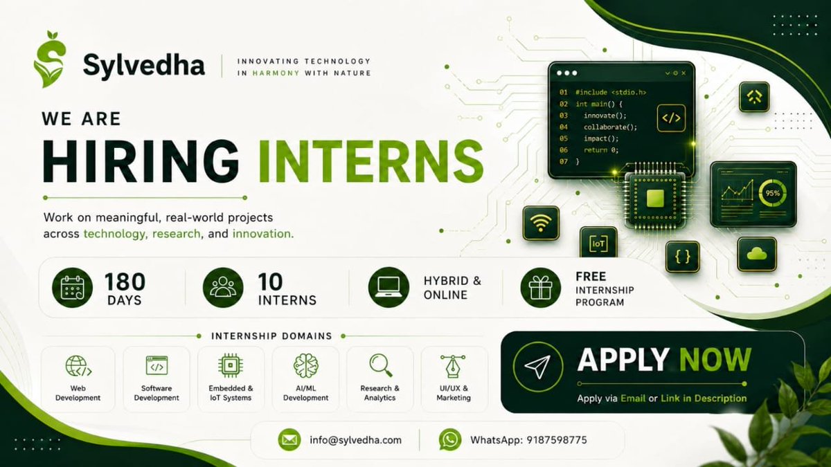 Sylvedha's tweet photo. 🚀 Sylvedha is Hiring Interns!

💻 Web Dev | 🖥️ Software | ⚙️ Embedded &amp; IoT | 🤖 AI/ML | 🔬 Research | 🎨 UI/UX

📍 Hybrid/Online | 📅 180 Days | 💚 Free | 👥 10 Openings

🔗 Apply: https://t.co/pUQc78BxBv

#Hiring #Internship #Sylvedha #AI #IoT #WebDevelopment #Students https://t.co/nJZGs05gRz
