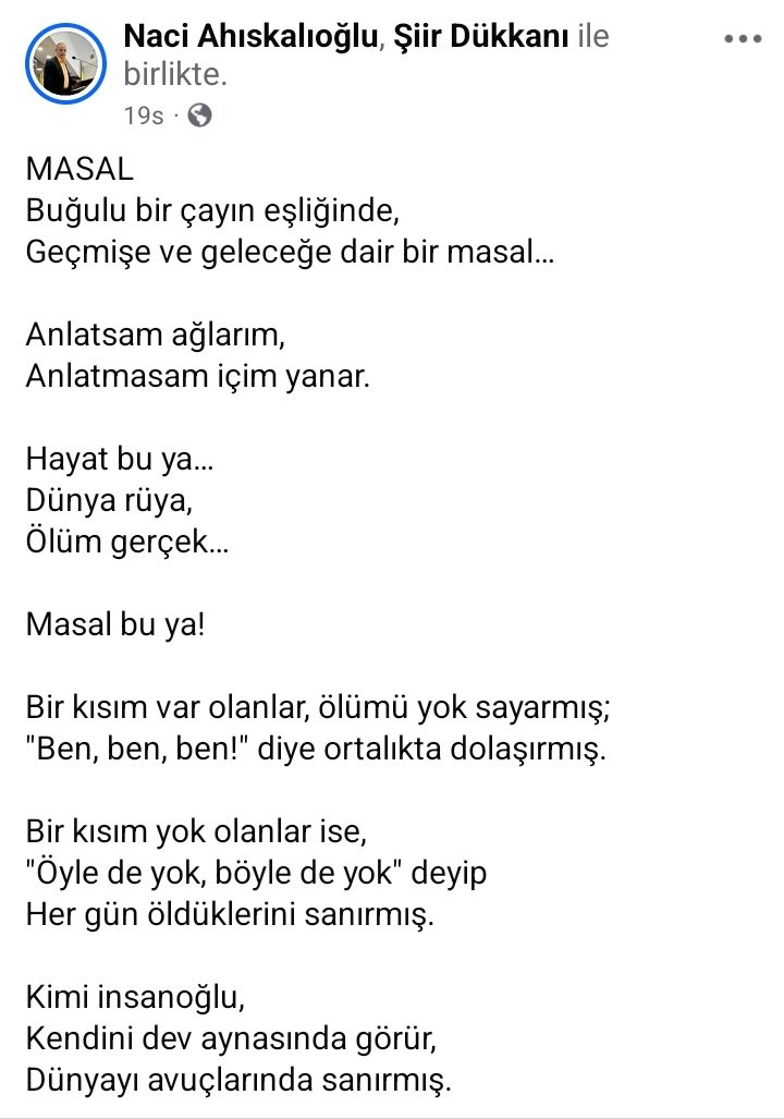 nacoaga's tweet photo. MASAL
​Buğulu bir çayın eşliğinde,
Geçmişe ve geleceğe dair bir masal…

​Anlatsam ağlarım,
Anlatmasam içim yanar.

​Hayat bu ya…
Dünya rüya,
Ölüm gerçek…

​Masal bu ya!

#şiir #tbt #bayburt #travel #masal #hayat #tb #fotgraf #fotografia #memleket #rüya https://t.co/Qk8H6QAj5I