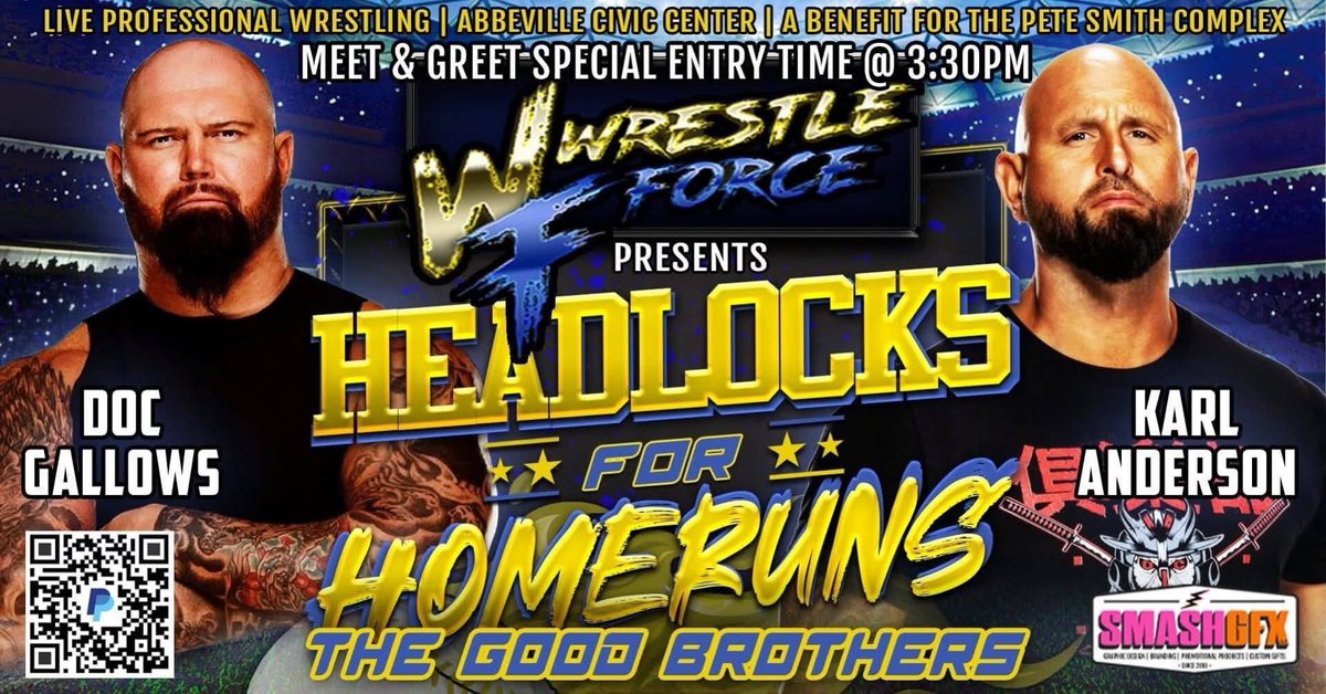 LDoubleEZ's tweet photo. NEXT SUNDAY AUGUST 2ND
Abbeville, SC 
Mark your calendars. The Civic Center is hosting a wrestling event as a benefit for the Pete Smith Complex. You also get a chance for meet &amp; greet with Gallows and Anderson. 

Doors open at 4:00 bell-time is at 5:00pm. Come support #Wrestling https://t.co/gh8bYVg6CS