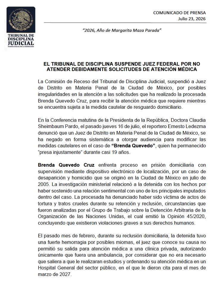 RompevientoTV's tweet photo. Tribunal de Disciplina Judicial @SCJN suspende a Juez Carlos Alberto Rico Mondragón, juez del Juzgado Primero de Distrito en Materia Penal en Ciudad de México, por transgredir derechos humanos de #BrendaQuevedo.