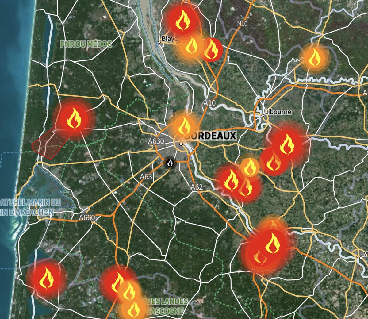french_report78's tweet photo. 🔴🔥 ALERTE INFO — De nombreux départs de feux sont signalés en Gironde (9 confirmés) depuis le début de l'après-midi. Soyez prudents.

(Feux de Forêt app) https://t.co/pdkOm0l6DI