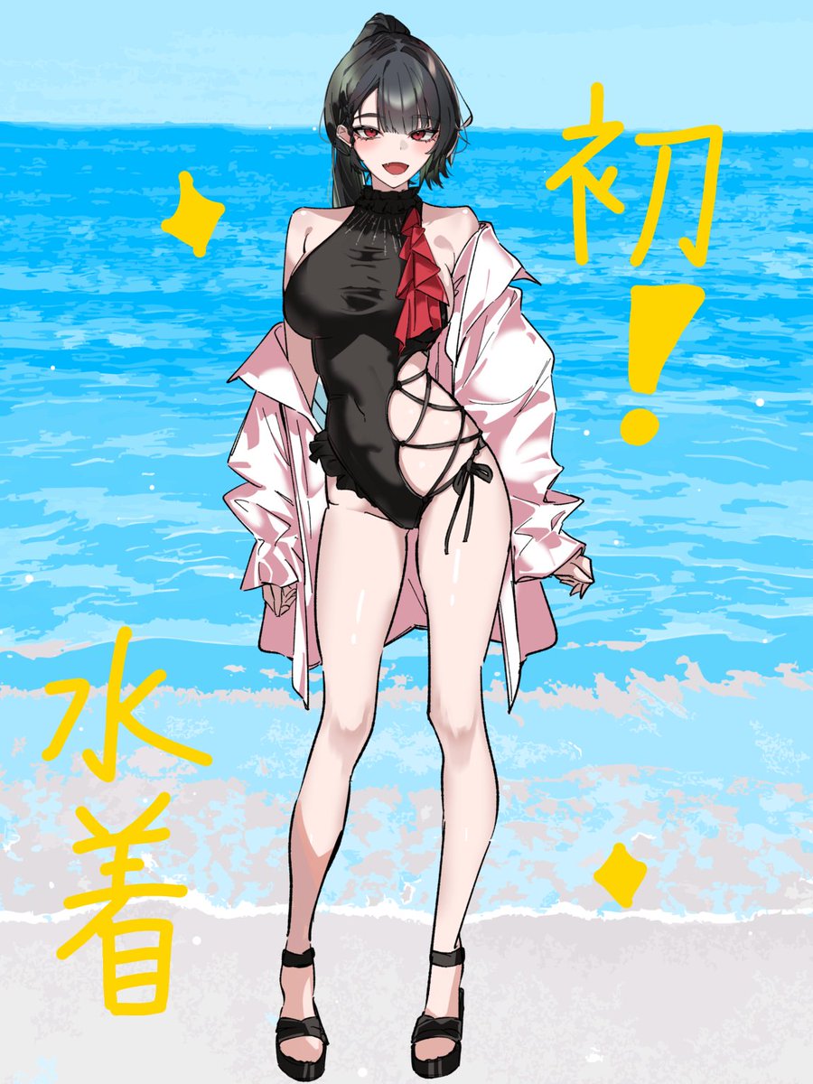 o_shi0n's tweet photo. パネル開きましたー！初水着‼️
海開き期間はこの立ち絵で配信します！
去年の水着SDも見れるよっ https://t.co/iQ37yobSa6