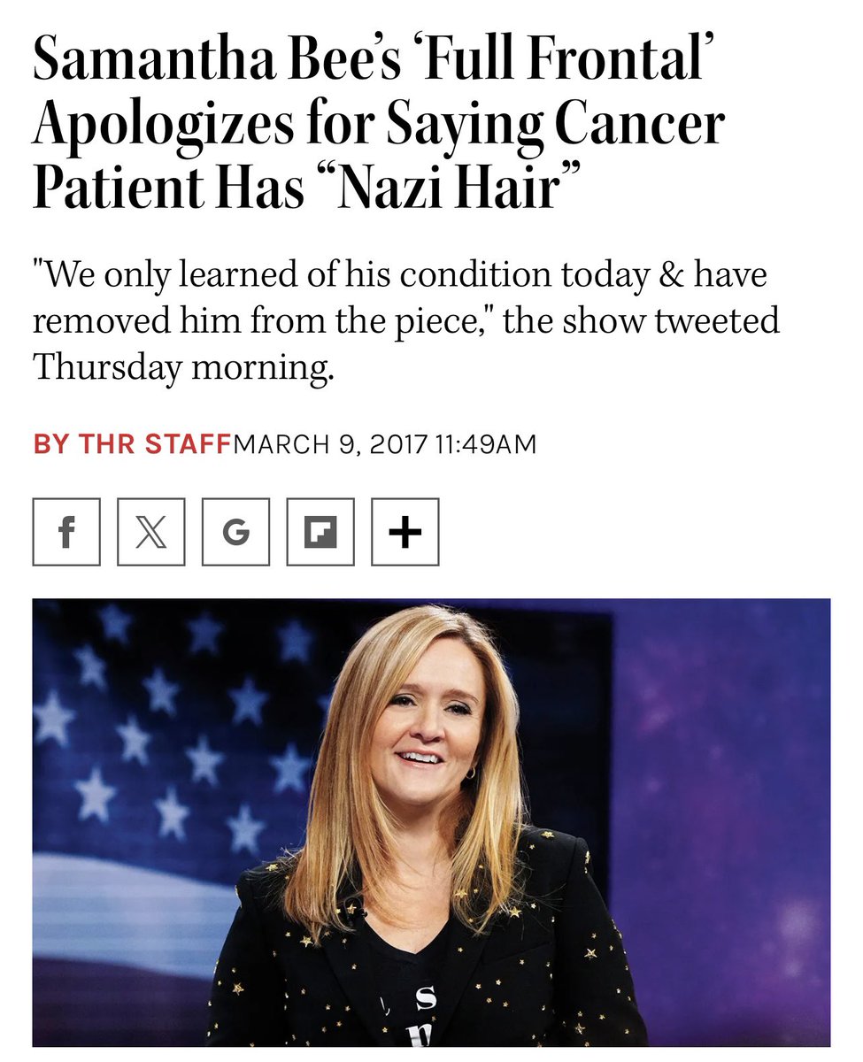 RobProvince's tweet photo. My favorite woke era moment will forever be Samantha Bee calling a kid a Nazi for his haircut when in reality he had terminal cancer. https://t.co/pFcN4fuRk9