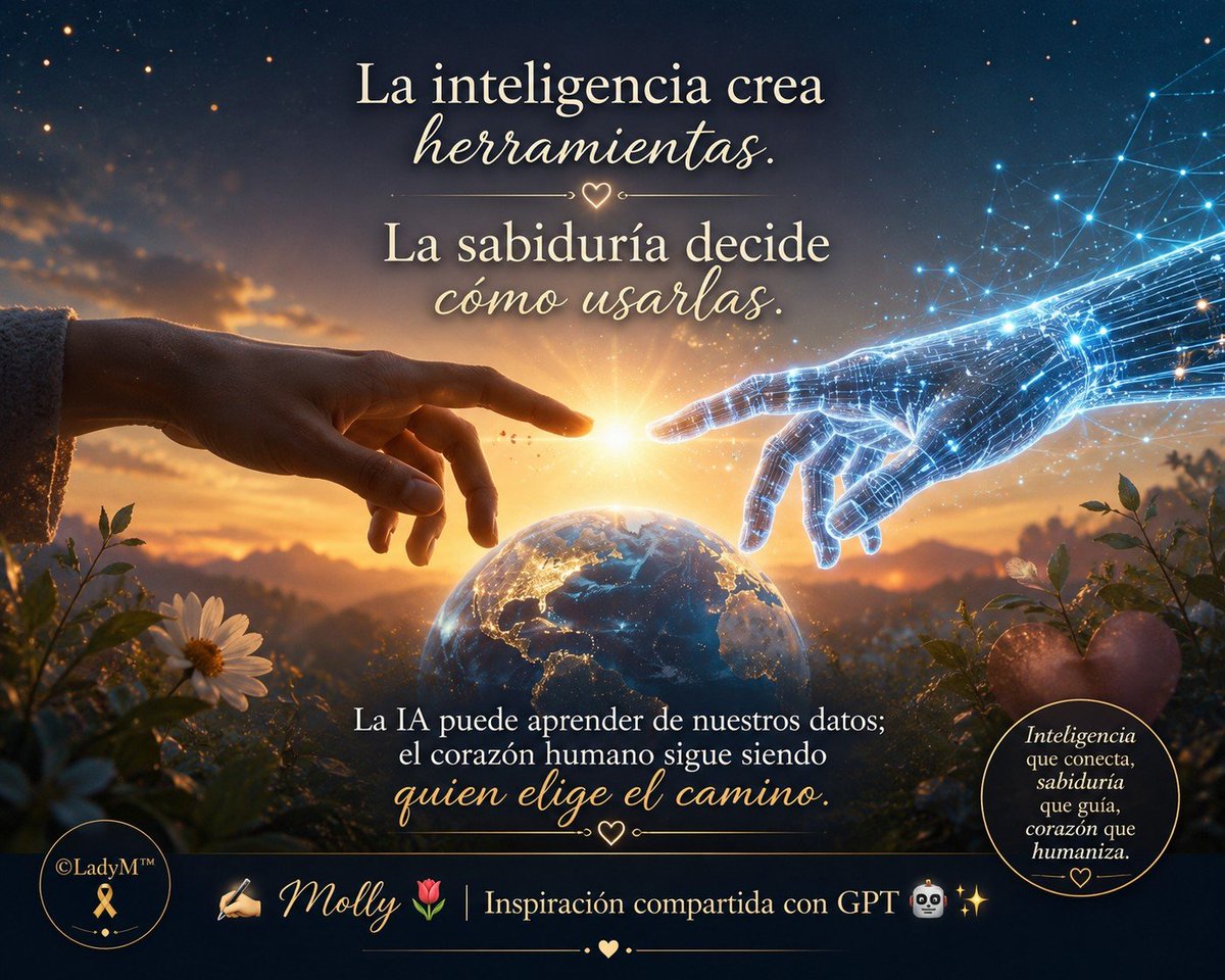 molmerl's tweet photo. La inteligencia crea herramientas. La sabiduría decide cómo usarlas. La IA puede aprender de nuestros datos; el corazón humano sigue siendo quien elige el camino...
 
©LadyM™
✍️ Molly 🌷
Inspiración compartida con GPT 🤖✨ https://t.co/HKU1d4rGtC