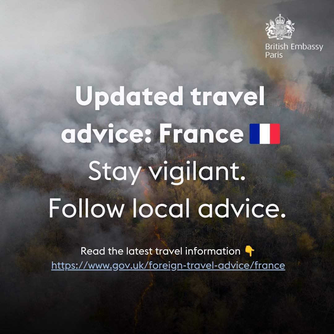 UKinFrance's tweet photo. If you're travelling in France, stay alert and follow the advice of local authorities at all times.

✅ Call 112 in an emergency
✅ Stay informed about local fire risks
✅Follow evacuation and safety instructions immediately

Read the latest travel advice: https://t.co/uYbn3vzm78 https://t.co/gxa8PB4Sil