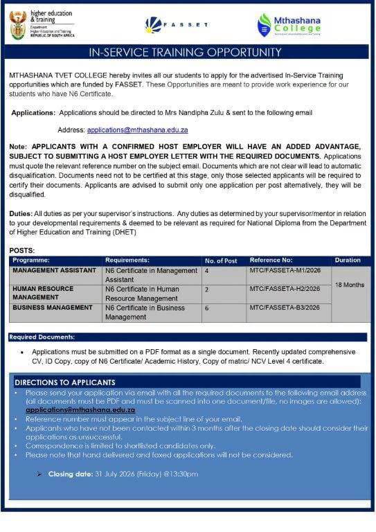 ThabangMabulan_'s tweet photo. In-Service Training Opportunities Funded by FASSET

Attention Mthashana TVET College Students!

Applications are now open for FASSET-funded In-Service Training Opportunities.

Good Luck!
#OpportunitiesWithThabang https://t.co/5hJx4lDFFu