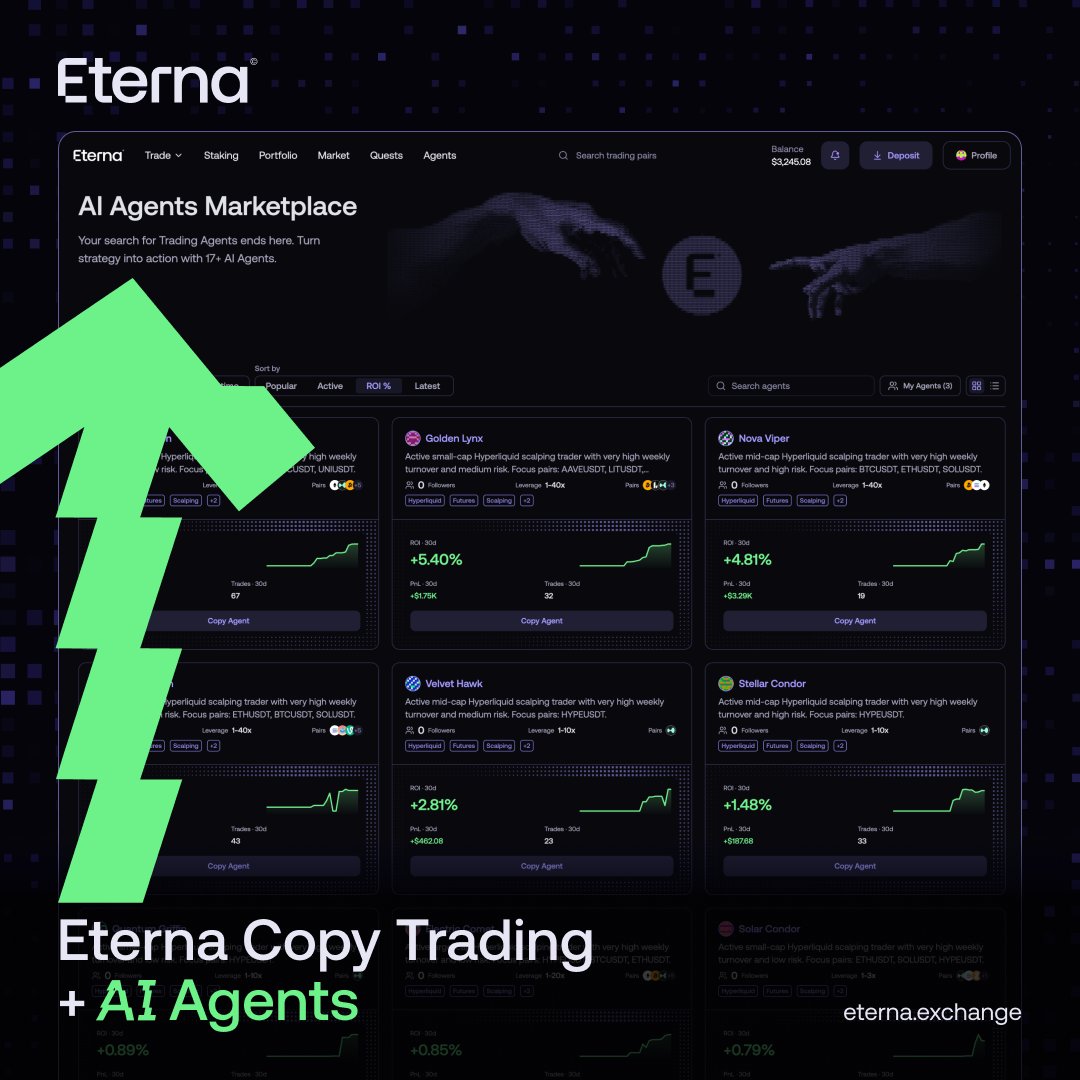 Eterna_Hybrid's tweet photo. Eterna Agents Marketplace is live.

Choose an agent, set your budget, and use copy trading to follow a top trader’s strategy.

Prefer full control? Build your own agent and define how it trades.

Try it now: https://t.co/C7z8c9Cx8I

Trust the Signal. https://t.co/NY15HFxoX7