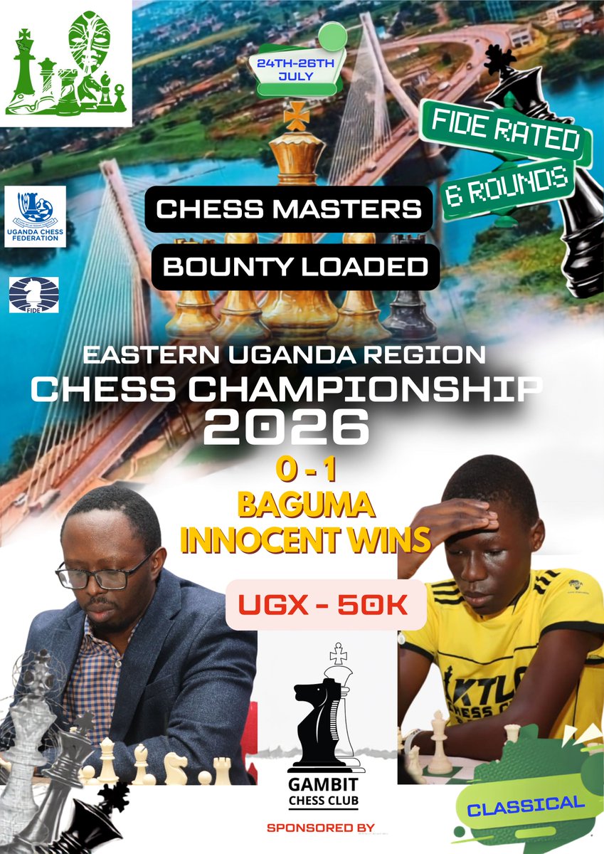 UG_ER_Chess's tweet photo. Eastern Uganda Region Chess Championship 2026 sees the first Bounty winner of the day taken by Uganda National Junior Champion - Baguma Innocent as he wins his game in Round 1 against FM Wanyama Harold.
Bounty Sponsored by Gambit Chess Club
#UgandaChess #EasternUganda #JinjaCity