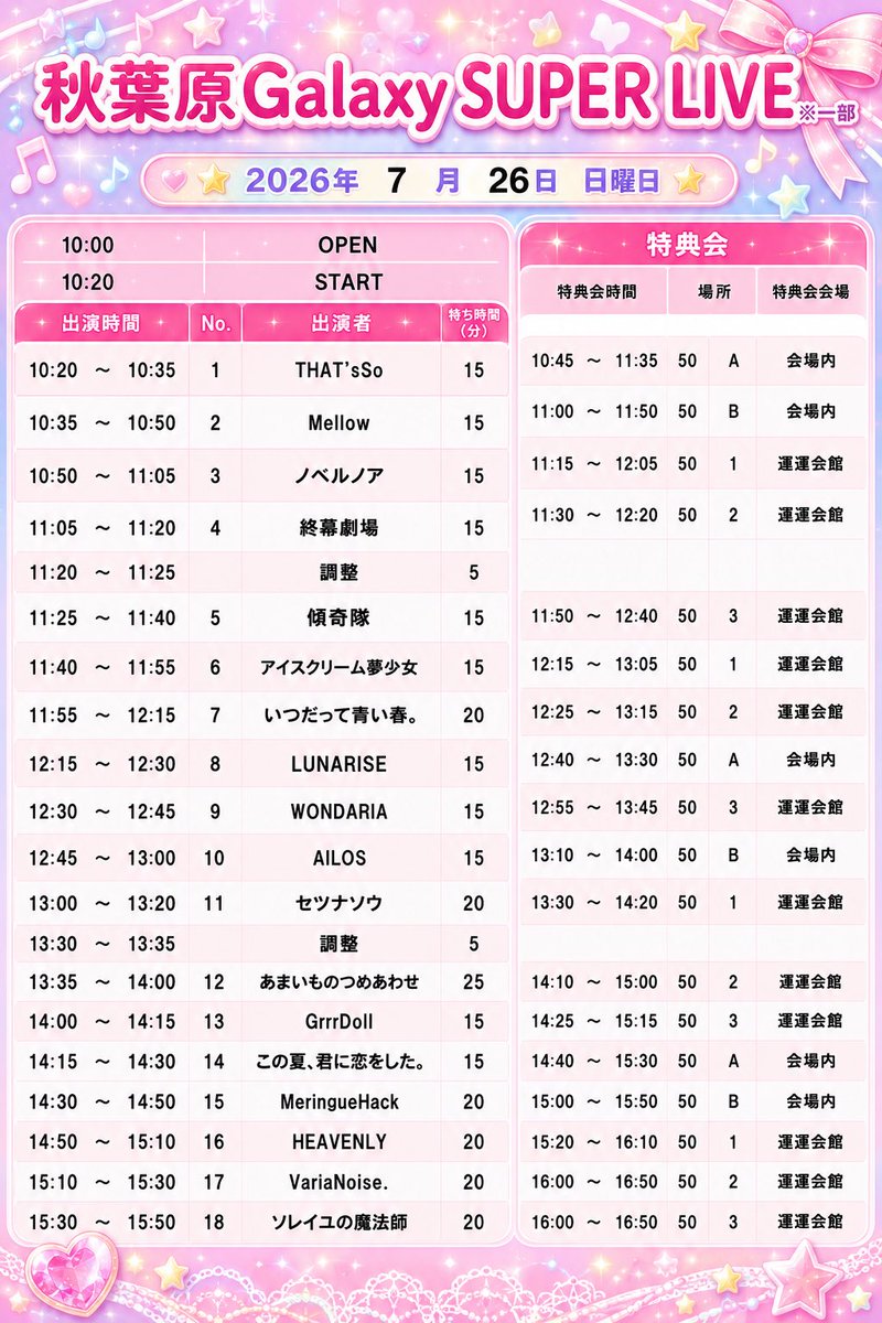 mellow_idol's tweet photo. ✨️🕰Mellow LIVE情報💐✨️
Galaxy SUPER LIVE
昼公演：一般無銭編　

🗓2026年7月26日（日）
📍秋葉原Galaxy
⏰OPEN10：00／START10：20

Mellowは10:30頃の予定です✨️

チケットはここから🎫↓↓↓
https://t.co/v3LV05LOhc https://t.co/TFI9ismUyG