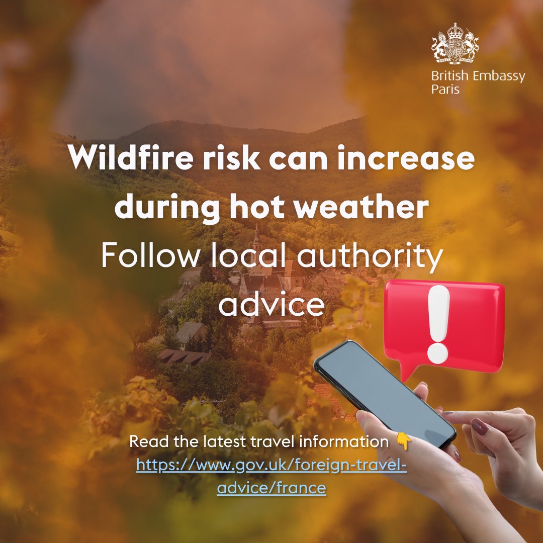 UKinFrance's tweet photo. With temperatures increasing across parts of France, travellers should stay vigilant to the risk of wildfires and follow any instructions from local authorities and emergency services.

Read the latest travel advice: https://t.co/uYbn3vzm78 https://t.co/jmumWQfiTv