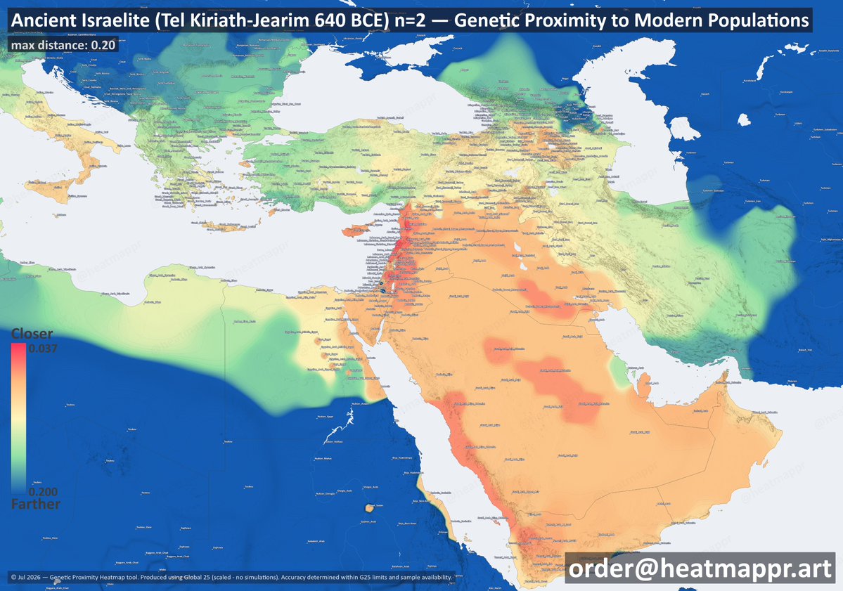 heatmappr's tweet photo. Ancient Israelite result on the modern Genetic Proximity Heatmap tool.

Tel Kiriath-Jearim, ~640 BCE, max distance = 0.20 https://t.co/e23PsWEP7Y