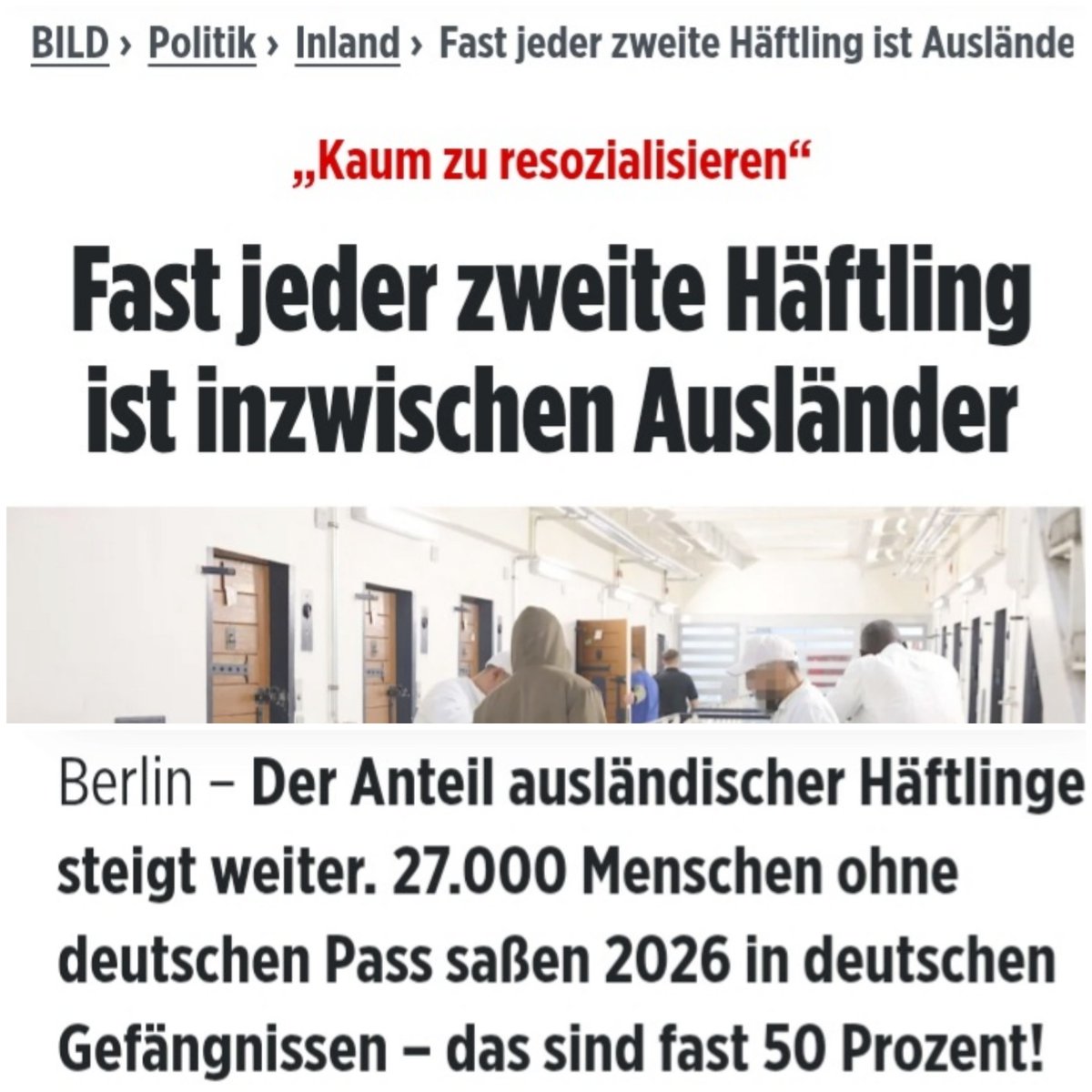 TineUndFiene's tweet photo. Wahnsinn pur, 27.000 Ausländer ohne deutschen Pass saßen 2026 in deutschen Gefängnissen und das Jahr ist ja noch lange nicht zu Ende. Wenn sie nicht zu resozialisieren sind sollten sie in ihre Heimatländer zurück geschickt werden, dann können sie sich dort weiter austoben. https://t.co/cBEzlpWFS5