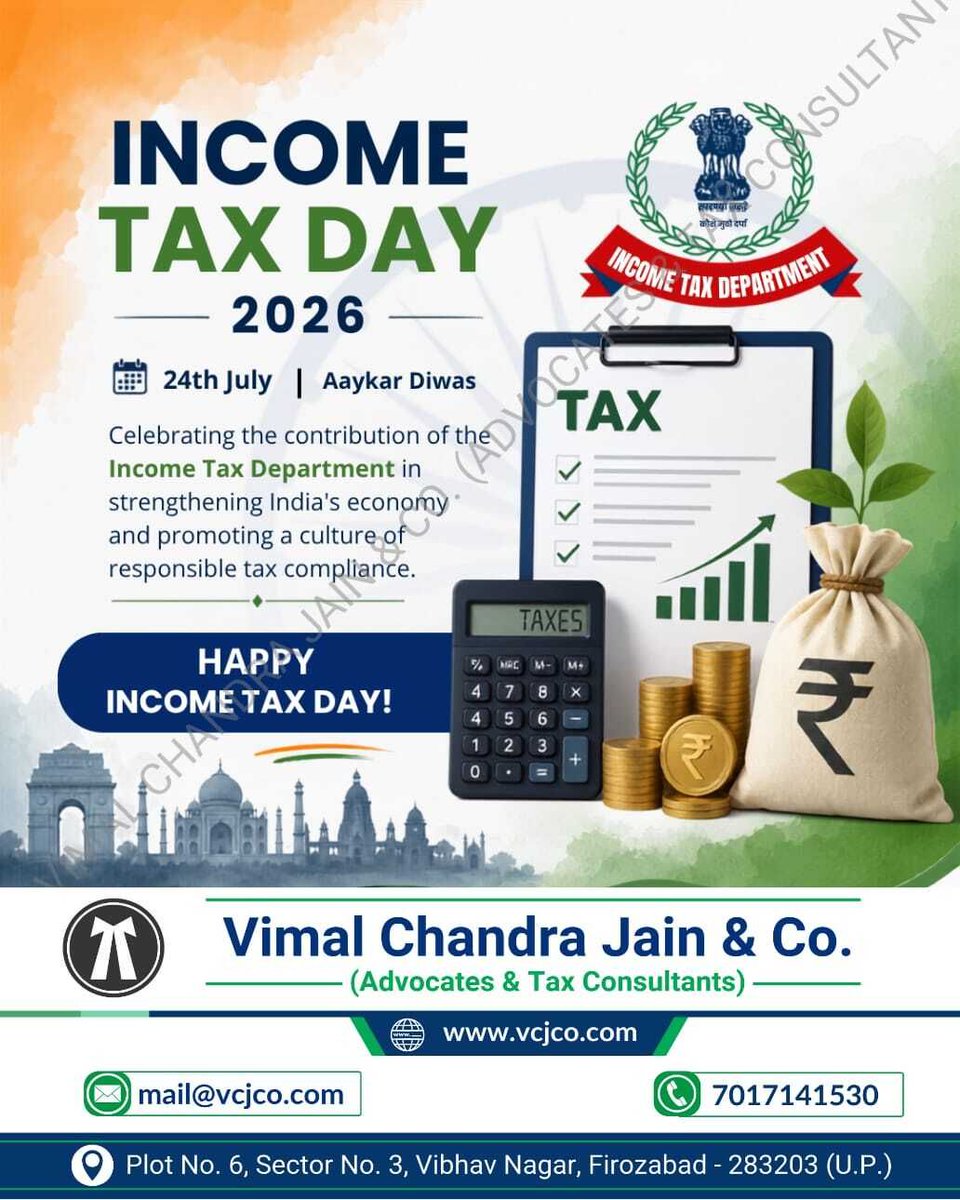 vcj_co's tweet photo. Happy Income Tax Day 2026 - 24th July 2026 - Aaykar Diwas
#AaykarDiwas #IncomeTaxDay #IncomeTax #GST #VCJCO #tds #mathura #vrindavan #jalesar #kotla #dholpur #bharatpur #fariha #jasrana #sirsaganj #etah #auraiya #etawah #kanpur #tundla #firozabad #agra #shikohabad #aligarh #sadabad #hathras #lucknow #barsana #incometaxreturn #refund #gstregistration #tax #taxation #gstin #legal