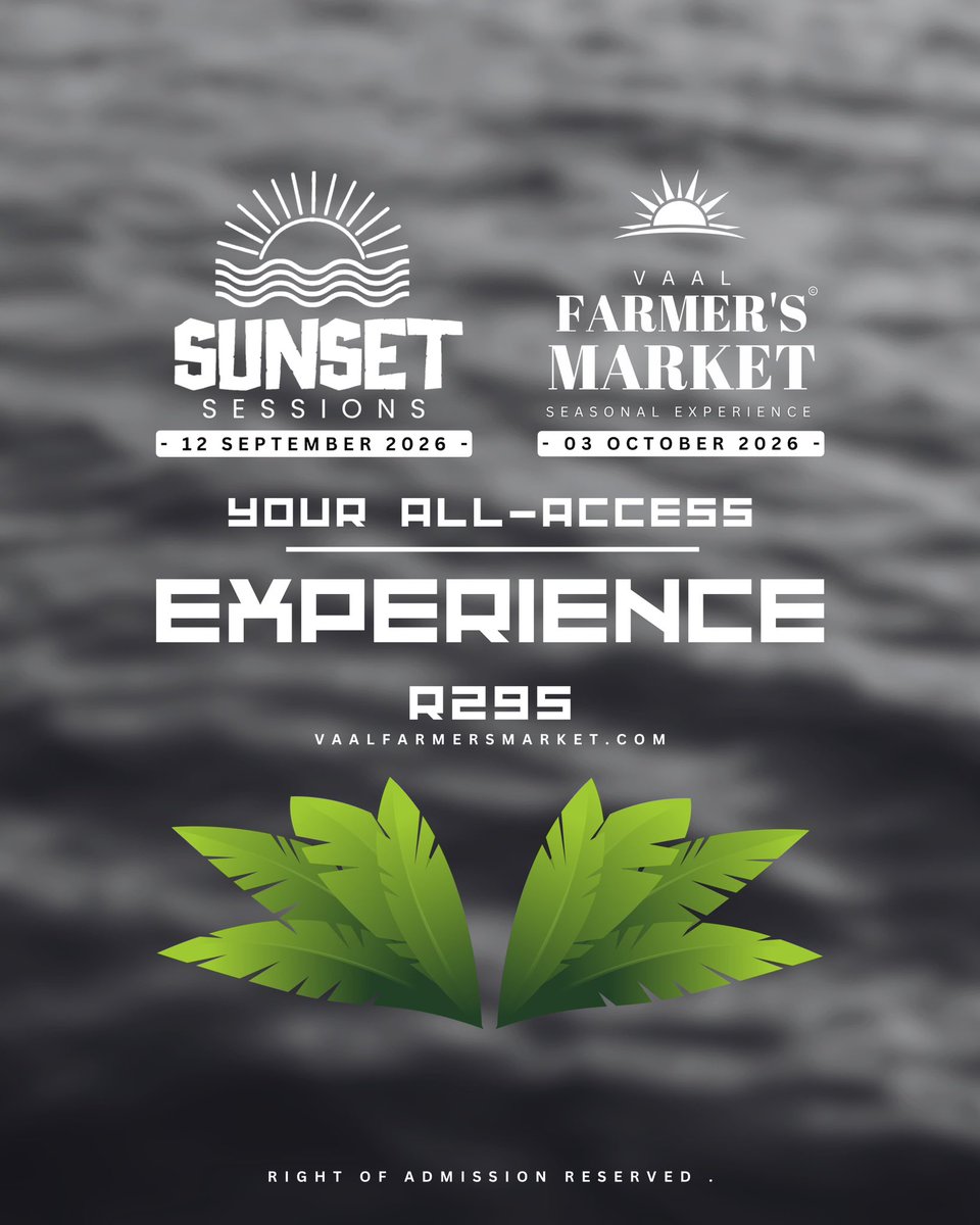 VaalFarmersMark's tweet photo. Two experiences. One unforgettable season!🫵🏼🤍
Secure your place at both Sunset Sessions and Vaal Farmer's Market with a single combo ticket!🧡🌞
Combo ticket is available at https://t.co/2lMyQeAcEw https://t.co/04joxahhMM
