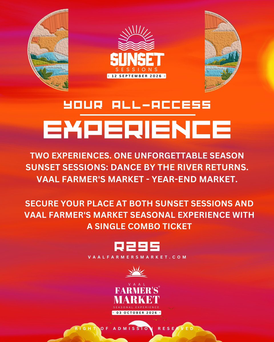 VaalFarmersMark's tweet photo. Two experiences. One unforgettable season!🫵🏼🤍
Secure your place at both Sunset Sessions and Vaal Farmer's Market with a single combo ticket!🧡🌞
Combo ticket is available at https://t.co/2lMyQeAcEw https://t.co/04joxahhMM