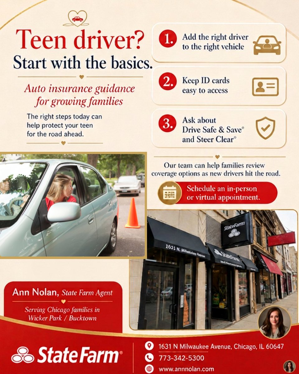 AnnRNolan's tweet photo. A teen driver or new driver can bring new questions to the household. Our agency helps new customers explore Auto Insurance options for family cars, daily routines, and the miles ahead. 🚗

Call or stop by to connect with our office.
📞 773-342-5300 | https://t.co/e9PHysRz33 https://t.co/PUciLROuVH