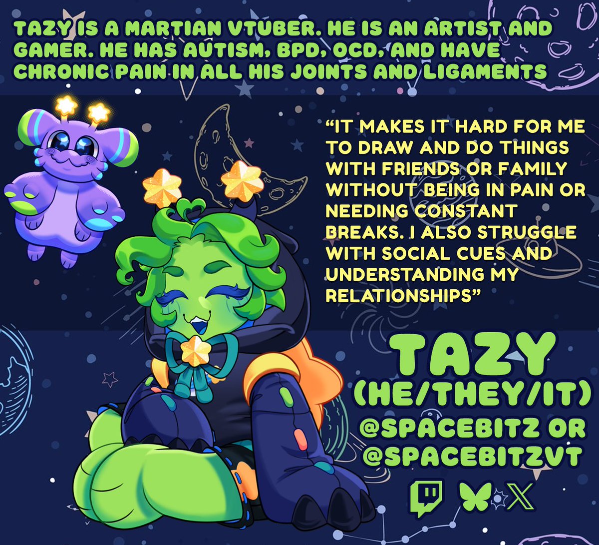 _VChunky_'s tweet photo. Happy Disability Pride Month!
Today we are highlighting our member, @SPACEBITZVT ! Tazy is a Martian VTuber, who loves to draw and play games. He has Autism, BPD, OCD, and chronic pain in all his joints and ligaments.

We asked him how living with a disability impacts him: https://t.co/udNypREIs1