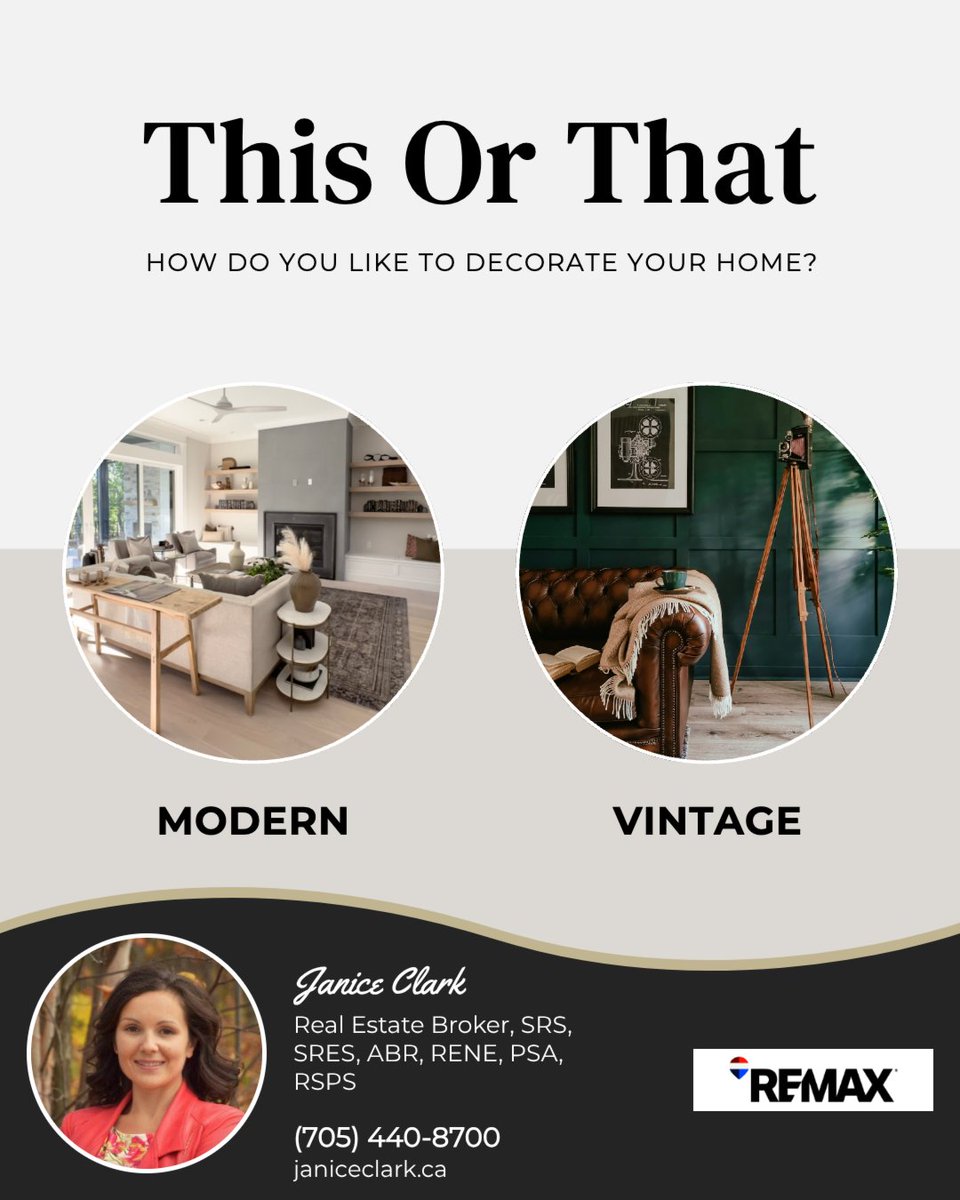 I_do_RealEstate's tweet photo. Some people are drawn to chic modern design with clean lines, minimal clutter, neutral tones, and a sleek, contemporary feel.

Others love the classic vintage charm of warm textures, timeless details, and layered character.

Which one fits your taste more: modern or vintage? https://t.co/DqLzlzWnIt
