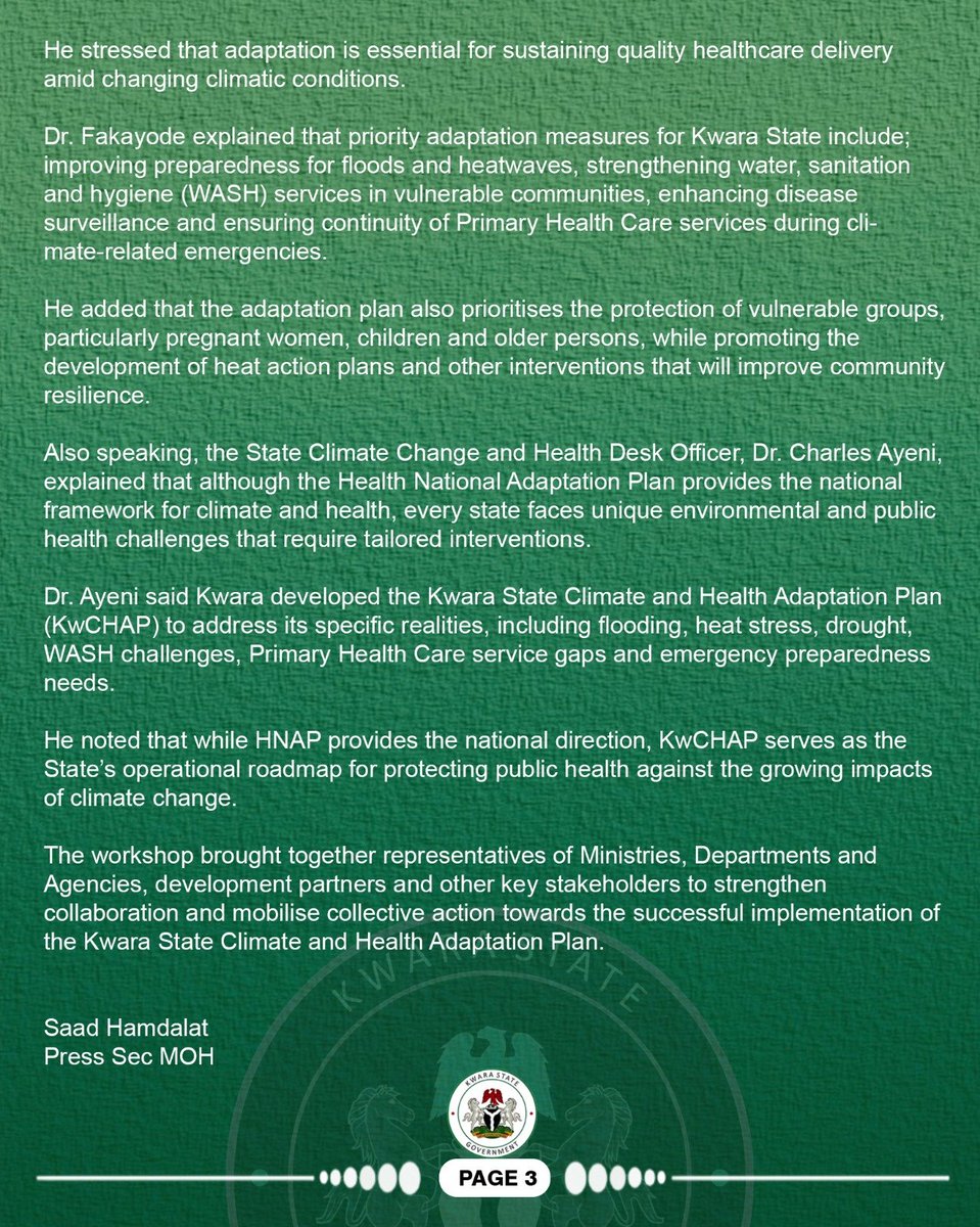TheAkeweje's tweet photo. Kwara Strengthens Multi-Sectoral Collaboration on Climate Change, Health Adaptation https://t.co/FFMXdgkxHm