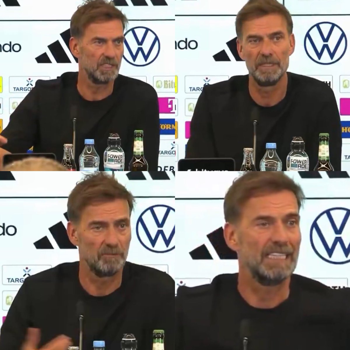 Juezcentral's tweet photo. Jurgen Klopp fue presentado como nuevo DT de Alemania y comenzó tranqui su conferencia de prensa.  "No estoy haciendo este trabajo por mí. Lo estoy haciendo por ustedes. Estoy aceptando este trabajo a pesar de haber visto cómo trataron a Julian Nagelsmann.  Si van tras mi familia, me voy. Si piensan que soy una basura, díganmelo a la cara y me iré inmediatamente, sin pedir ninguna compensación".

Amenaza directa para los que filtran información y tiran fake news de las concentraciones y atacan a las familias, tan común hoy en día. Y ejemplo para los DT's que se dejan manejar por la prensa y representantes. TQM, Jurgen.