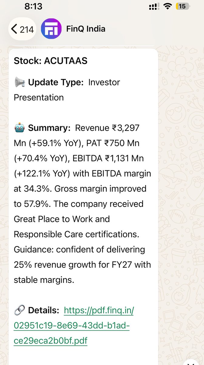 FinQ_India's tweet photo. 📊 Q1 FY27 Results Season is here

Get results directly on WhatsApp the moment they're released.

-  Real-time WhatsApp alerts: Results, Orders, etc.
- Track 5,000+ NSE, BSE &amp; SME stocks
- AI summaries in seconds

Start your free trial today.
