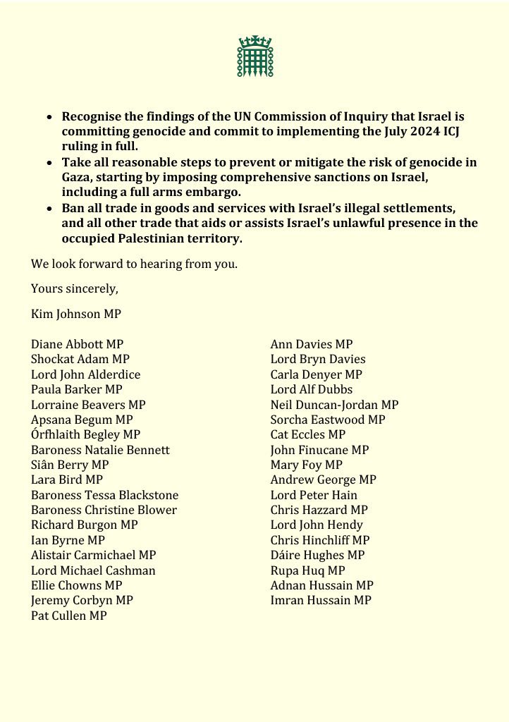 PeoplesMomentum's tweet photo. 🚨 80 MPs &amp; Peers are calling on the new PM to: 
  
- Recognise the UN’s findings on genocide &amp; implement the ICJ ruling in full 
- Impose sanctions including a full arms embargo 
- Ban trade that supports Israel’s illegal settlements
- End Britain’s complicity in genocide, now! https://t.co/cZ8ejrGcrg