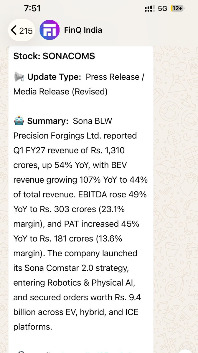 FinQ_India's tweet photo. 📊 Q1 FY27 Results Season is here

Get results directly on WhatsApp the moment they're released.

-  Real-time WhatsApp alerts: Results, Orders, etc.
- Track 5,000+ NSE, BSE &amp; SME stocks
- AI summaries in seconds

Start your free trial today.