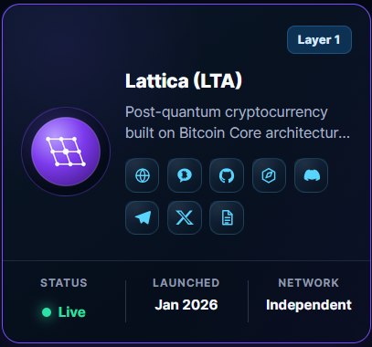 chainquiry's tweet photo. ⬡ Lattica (LTA) is now listed on Chainquiry.

A post-quantum, fair-launch Proof-of-Work cryptocurrency using ML-DSA-44 signatures, ML-KEM-768 network encryption and SHA3-256d GPU mining.

Explore the project:
https://t.co/ZHtCJibz6p

#Lattica #LTA @KPilatovich https://t.co/6nRcHZ8Gi7