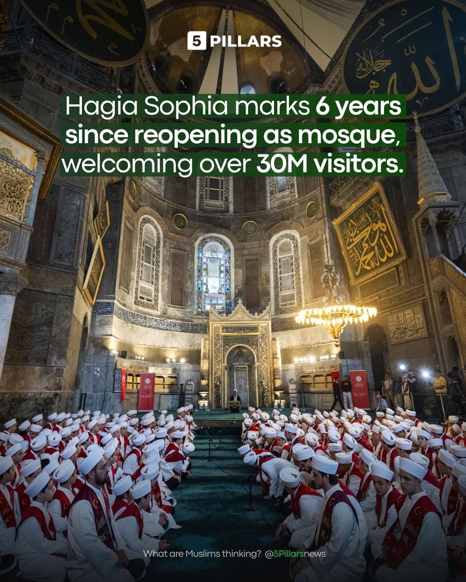 5Pillarsuk's tweet photo. The historic Hagia Sophia (Aya Sofya) Mosque in Istanbul, one of the most visited buildings in the world, has marked six years since its reopening as a masjid today.

Originally a Byzantine church and then a mosque, from 1934 to 2020 Hagia Sophia was converted into a museum by the secular founder of the Turkish Republic, Mustafa Kemal.

President Recep Tayyip Erdoğan signed a decree in 2020 to reopen it as a place of worship, with the first Friday prayer taking place on July 24.

Since its reopening, Hagia Sophia has welcomed more than 30 million visitors.

The image shows a recent graduation ceremony for 253 memorisers of the Qur'an held at the Hagia Sophia.
