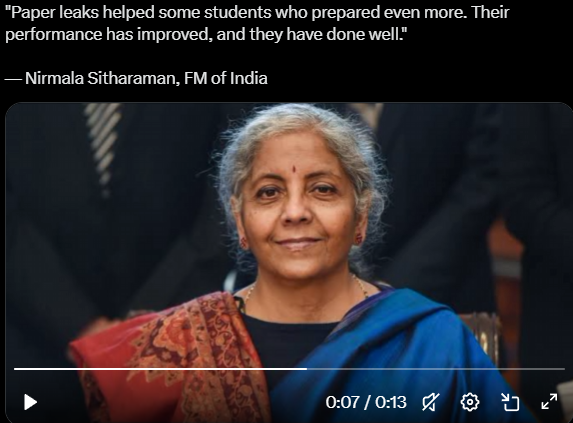 IamNFury's tweet photo. Our FM can't even take care of her ministry, her words, policies and heavy taxation which hurt the sentiment and interest of FIIs and made them net sellers in indian market, came to justify the paper leaks. As per her theory paper leaks are healthy and it boosts the performance. https://t.co/hTQPKee7VF